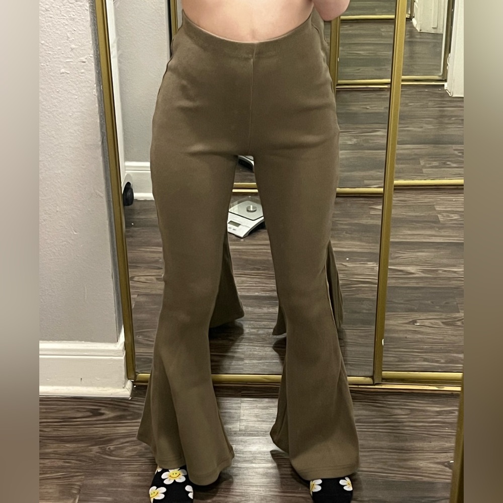 XS light olive green Out From Under UO flare leg ribbed pants